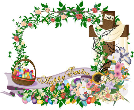 Vintage Easter floral frame or greeting card with a cross and easter eggs
