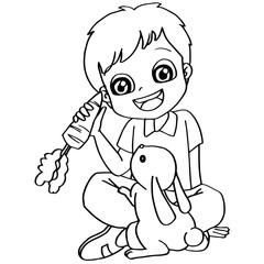 Coloring book child feeding rabbit vector
