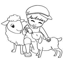 Coloring book child feeding sheeps vector
