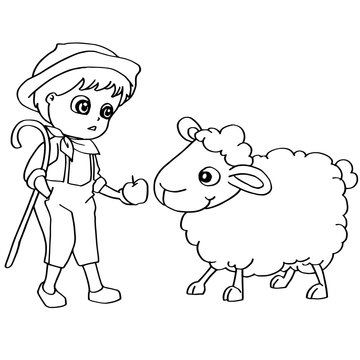 Coloring book child feeding sheeps vector
