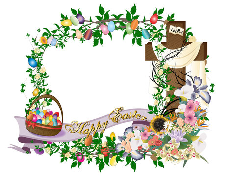 Vintage Easter floral frame or greeting card with a cross and eggs