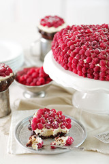 Sweet cake with raspberries on light background
