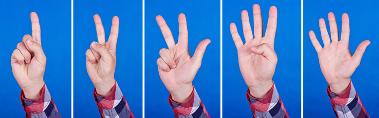 Count down background. Hand gesture numbers. Symbolic counting with hand. Simple fingers isolated. One, two, three, four and open palm for five.