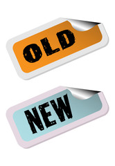Two isolated stickers with the words old and new written on each sticker