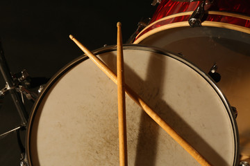 Drums set and sticks, close-up