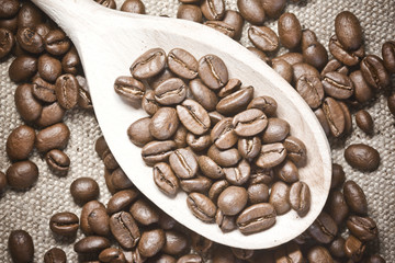 Coffee seeds on wooden spoon. 