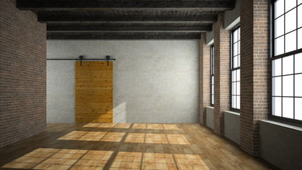 Empty loft room with wooden door 3D rendering