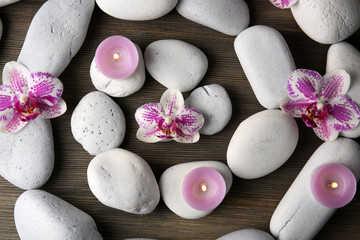 Spa stones and orchids closeup