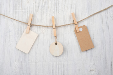 Price tags on rope with clothespin with copy space