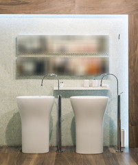 Washbasin and mirror in modern bathroom interior - obrazy, fototapety, plakaty