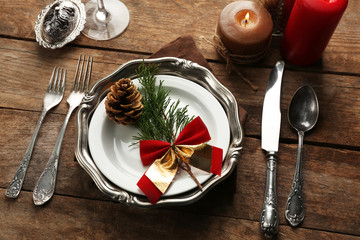 Dish set served on table for Christmas dinner