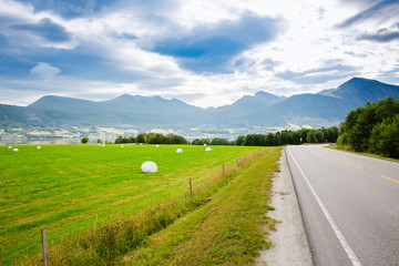 Views of the fjord and green fields in Norway