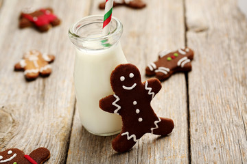 Gingerbread cookies on a grey wooden table