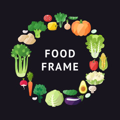 Vegetable vector circle frame background. Modern flat design. Healthy food background.