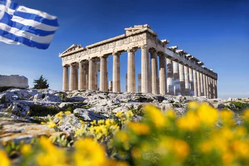 Foto op Canvas Parthenontempel met Lentebloemen op de Akropolis in Athene, Griekenland © Tomas Marek