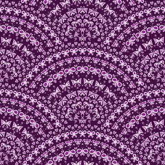 Vector seamless pattern with fish scale layout. Light and dark purple butterflies arranged in a fan shape. Pattern for printing on fabric.