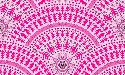 Vector seamless pattern with fish scale layout. Christmas and new year patterns, consisting of trees, stars, snowflakes, snowmen, snow drifts. Pink pattern in a fan shape.