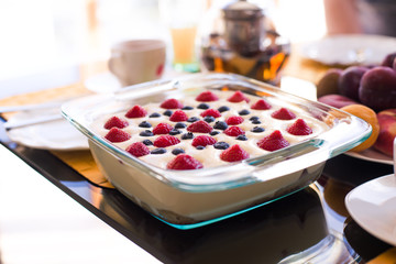 Homemade Tiramisu with raspberry and blueberry