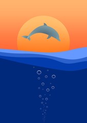 Landscape with the sunset with the jumping dolphins above the sea surface with waves with bubbles under water and orange sun on the horizon