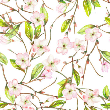 A seamless floral pattern with an ornament of an apple tree branch with the tender pink blooming flowers and green leaves, painted in a watercolor on a white background