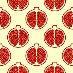 Seamless fruits vector pattern, bright color background with pomegranates, over light backdrop