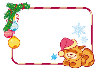 Christmas frame and smiling red cat sitting under the fir branch.