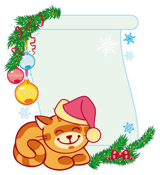Christmas frame and smiling red cat sitting under the fir branch.
