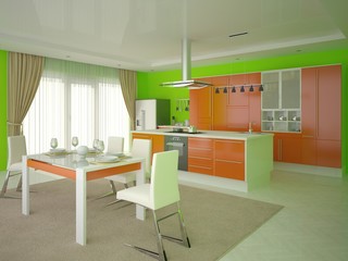 
Interer modern spacious kitchen with a green background .