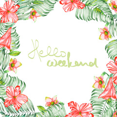 A floral frame of the watercolor red exotic flowers, hibiscus and the leaves of the palms, a place for a text, painted on a white background