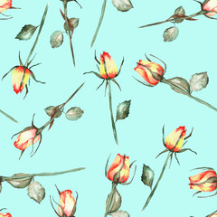 A seamless pattern with the watercolor beautiful red and yellow roses painted on a mint background