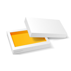 Opened White Orange Yellow Cardboard Package Box. Gift Candy. On White Background Isolated. Ready For Your Design. Product Packing 
