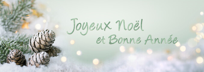 Weihnachtskarte - Schneelandschaft mit funkelnden Lichtern und Tannenzapfen