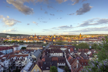 Fototapeta na wymiar Aerial panoramic view of the historic city of Wurzburg with Alte Mainbrucke at evening, Bavaria, Germany.
