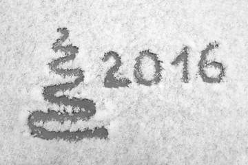 Hand written 2016 and abstract xmas tree on snow. Black and white New year and Christmas card. Can be colored  in any colors