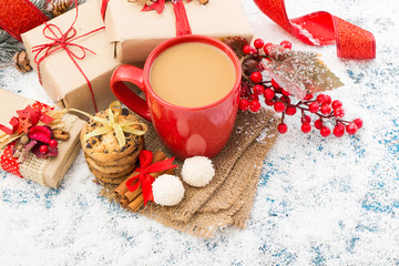 Winter decoration. Composition on wood background.