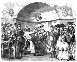 An engraved vintage illustration image of tossing a pancake on Shrove Tuesday at a boys school from...
