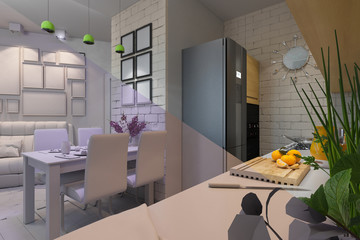 3D illustration of the one-room apartment