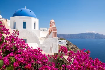 Fotobehang Santorini Schilderachtig uitzicht op traditionele Cycladische huizen met bloemen in foreg