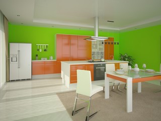 
Interer modern comfortable kitchen with a green background. 