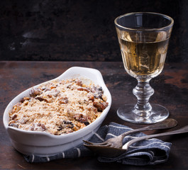 Crumble pumpkin.Appetizer. glass of white wine.selective focus