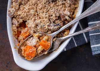 Crumble pumpkin.Appetizer. glass of white wine.selective focus