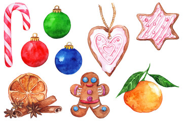 Isolated set of watercolor Christmas elements: candy cane, Christmas ball, gingerbreads, cinnamon, anise, lemon, mandarin