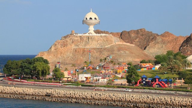 Riyam park with the giant incense burner at the corniche in Muscat. Sultanate of Oman, Middle East
