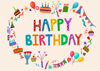 Happy birthday greeting card. Vector party invitation with cute elements.