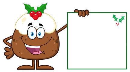 Jolly Christmas Pudding Character Presenting A Blank Sign With A Holly Corner