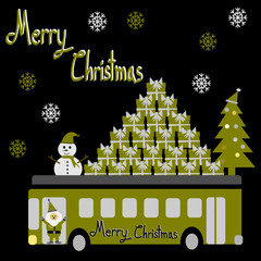 Christmas Greeting Card, Merry Christmas, Santa Claus, snowman and gifts on the bus vector