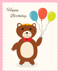 Cute happy birthday greeting card with a fun bear in a red bow tie. Vector illustration