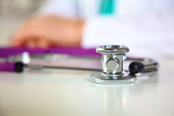 close up medical stethoscope on a white background