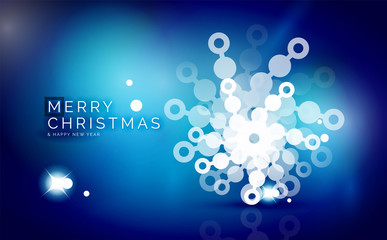 Christmas blue abstract background with white transparent snowflakes