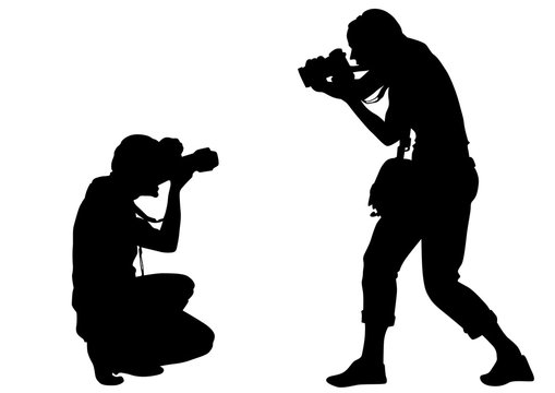 Man and women with camera on white background